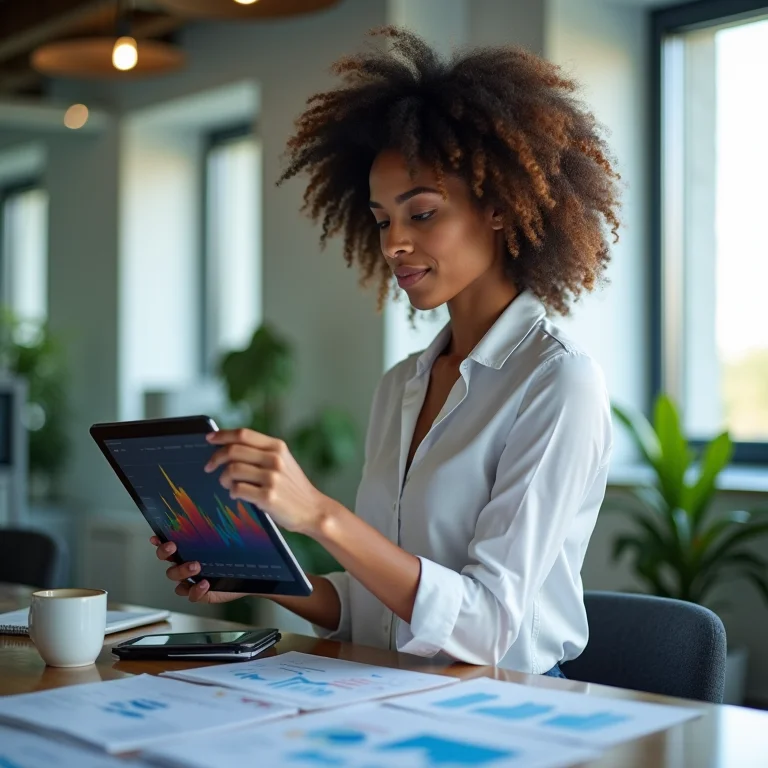 Mulher analisando gráficos de investimentos de médio prazo em tablet.