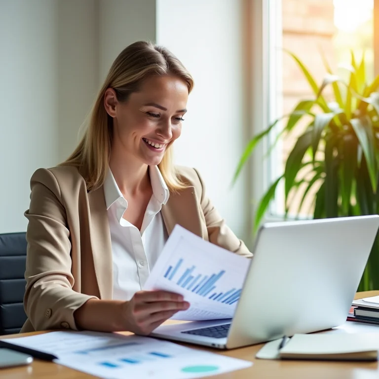 Mulher analisando investimentos financeiros em escritório.