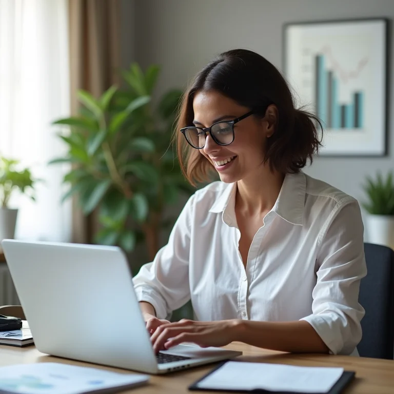 Mulher analisando portfólio de investimentos no laptop