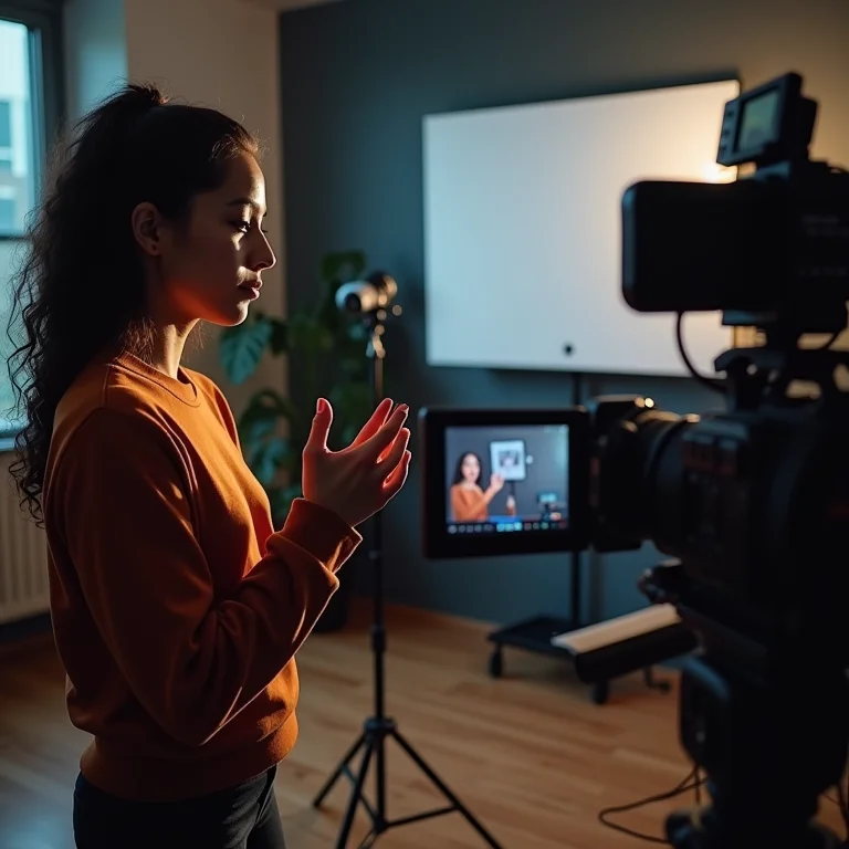Mulher gravando vídeo de alta qualidade para o YouTube.