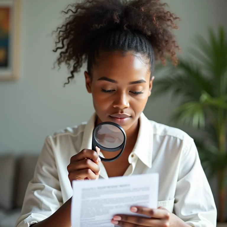 Mulher lendo atentamente contrato de empréstimo