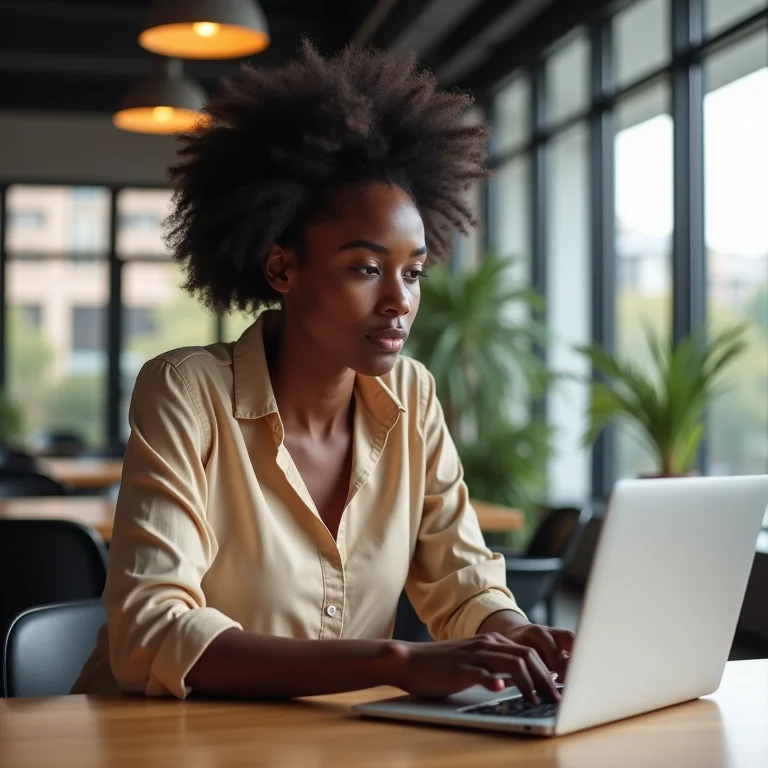 Mulher negra usando laptop em espaço de coworking