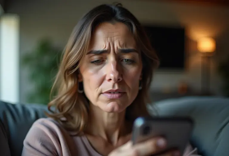Crédito Consignado: O Alerta Urgente antes de contratar! Mulher preocupada olhando informações sobre crédito consignado no celular