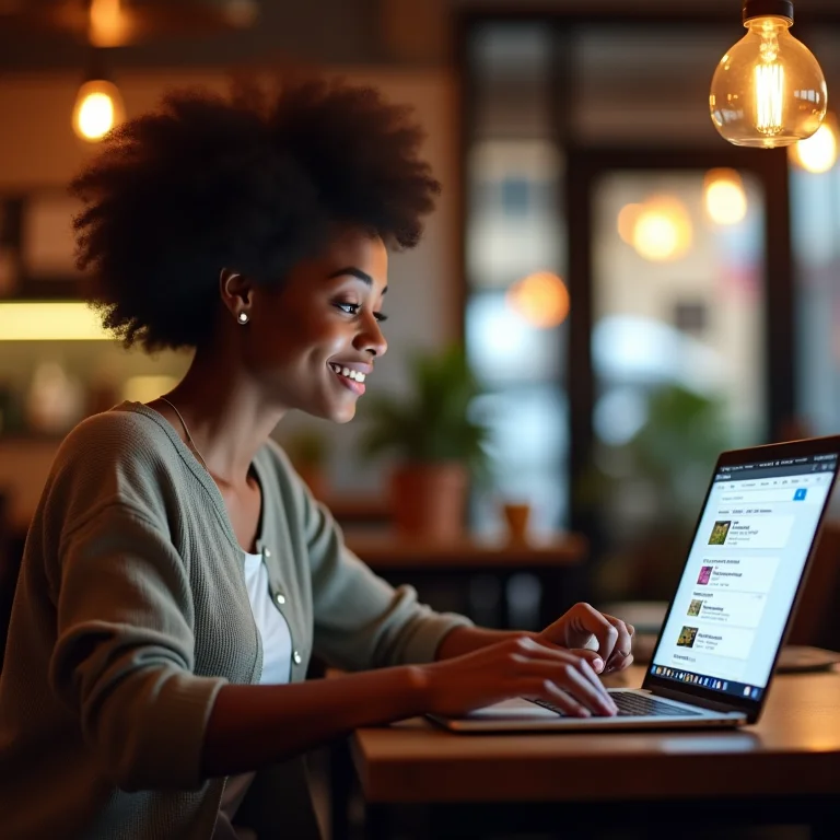 Mulher usando laptop com resultados de busca exibindo rich snippets.