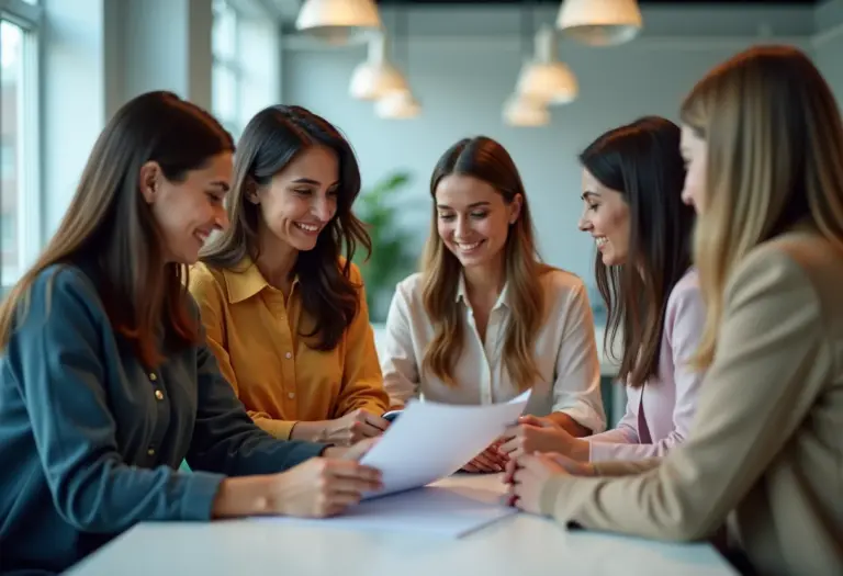 Mulheres diversas colaborando em escritório moderno.