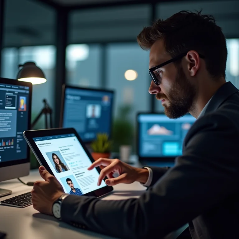 Pessoa diversa analisando perfis de clientes em tablet