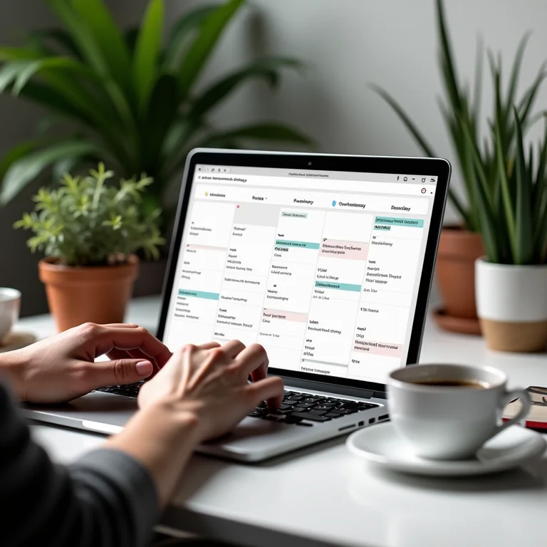 Pessoa trabalhando em calendário de conteúdo em laptop