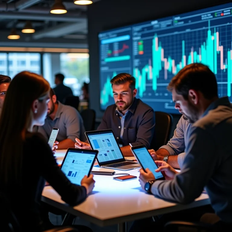 Pessoas analisando gráficos financeiros em um ambiente de trabalho moderno.