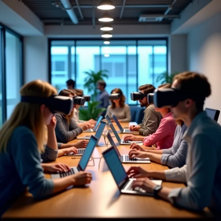 Pessoas diversas utilizando diferentes tipos de Head Mounted Displays em ambiente de trabalho colaborativo.