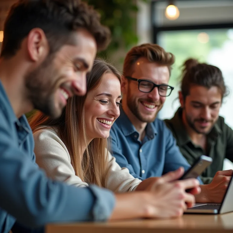 Pessoas diversas utilizando dispositivos móveis em um café, representando personalização com IA.