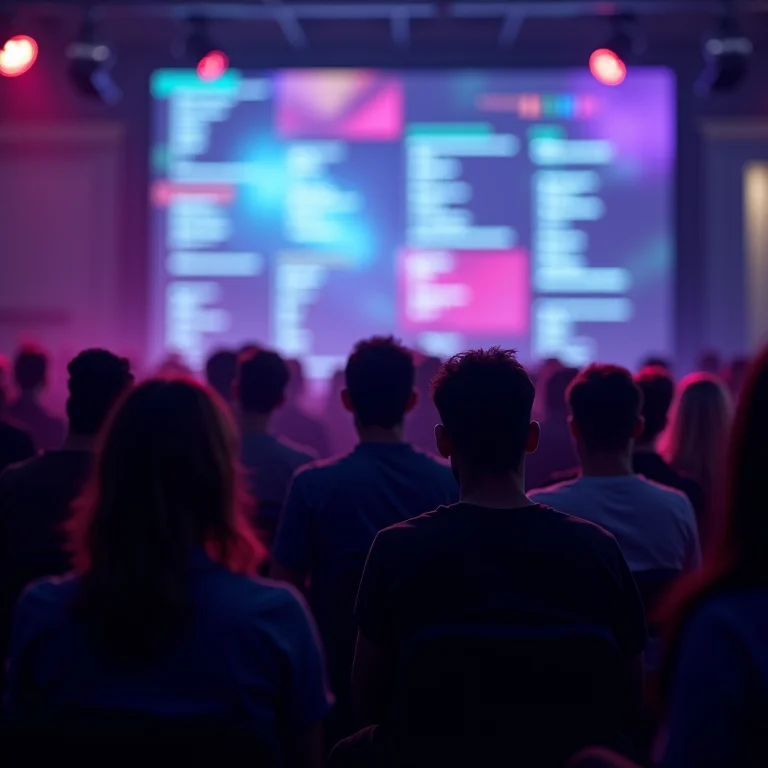 Pessoas em evento de tecnologia com Schema de Evento ao fundo.