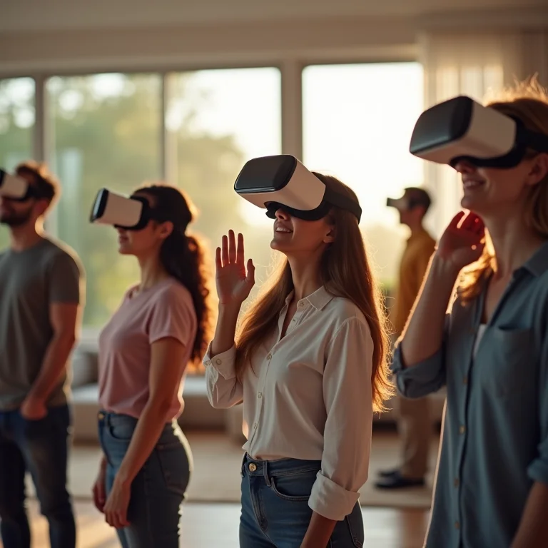 Pessoas experimentando imóveis virtuais com realidade virtual.