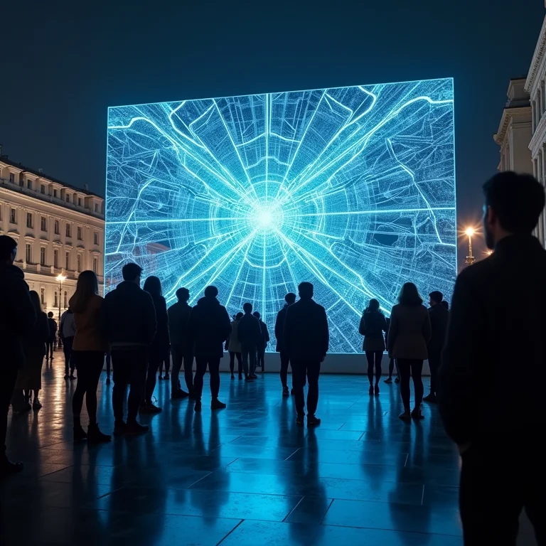 Pessoas interagindo com mapa holográfico urbano
