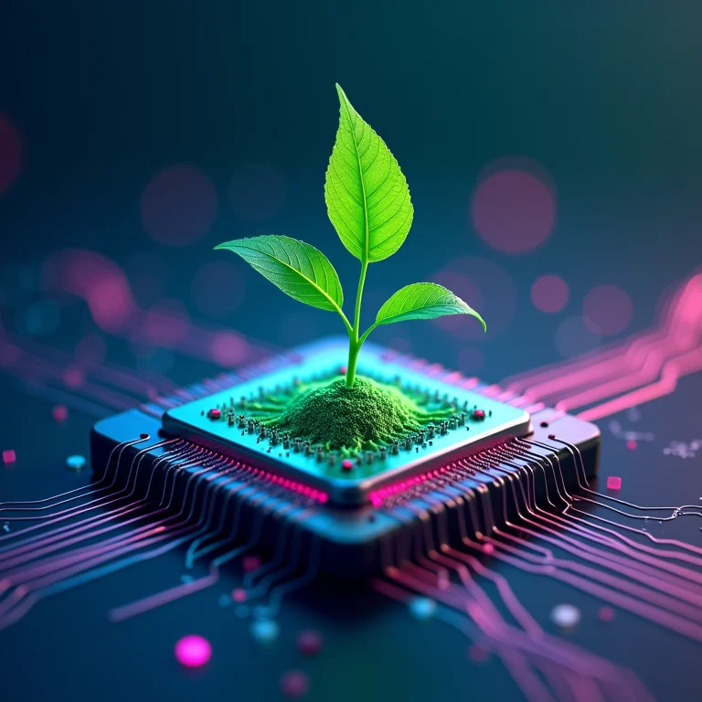 Planta crescendo dentro de um microchip simbolizando o potencial de crescimento.