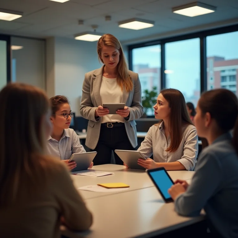 Professor interagindo com alunos que usam tablets