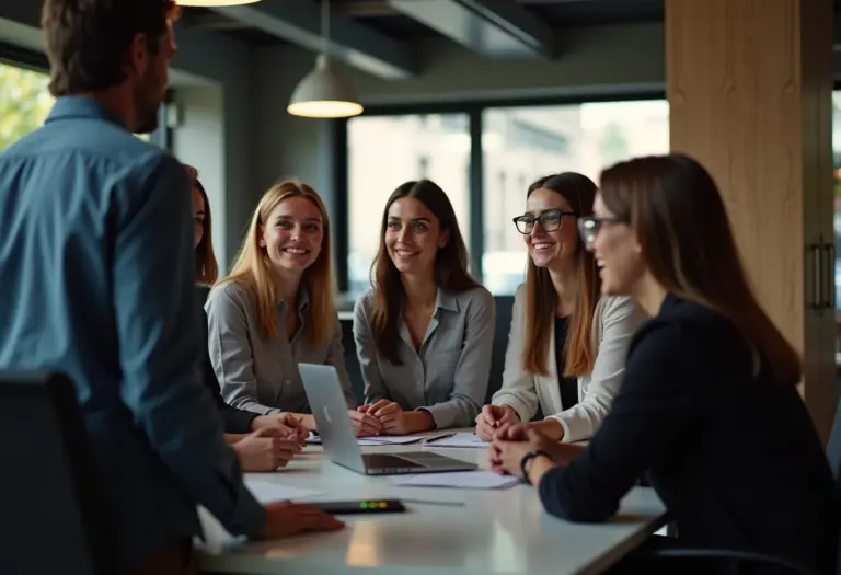 Profissionais diversos colaborando em ambiente de trabalho moderno