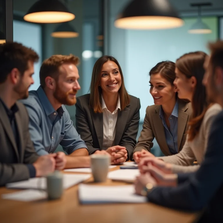 Profissionais diversos colaborando em ambiente de trabalho seguro.