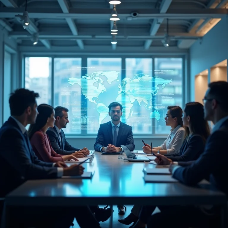 Profissionais diversos negociando contratos com fornecedores em ambiente moderno