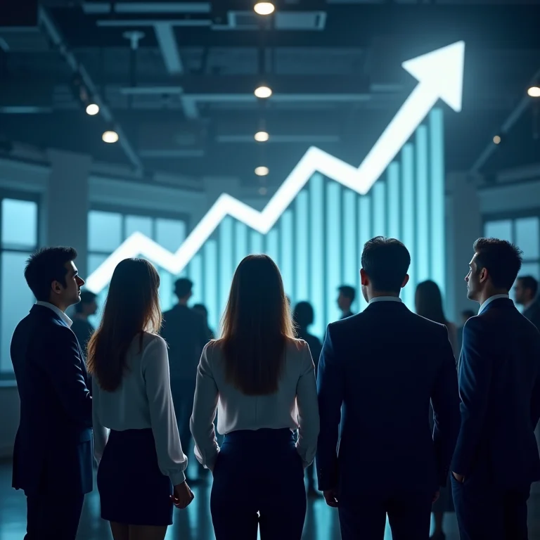 Profissionais diversos olhando para gráfico de crescimento, simbolizando sucessão.