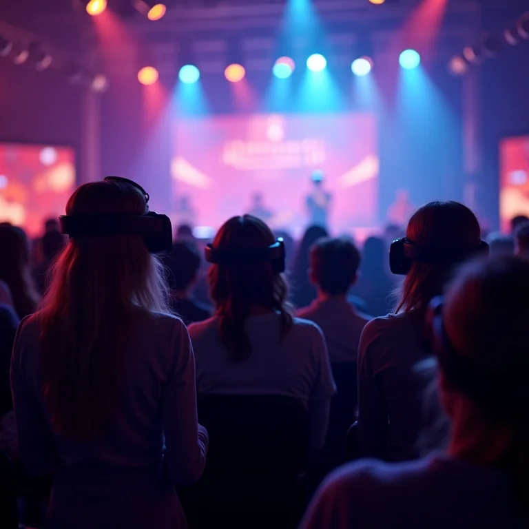 Público diverso utilizando Head Mounted Displays para assistir a um show ou filme em realidade virtual.