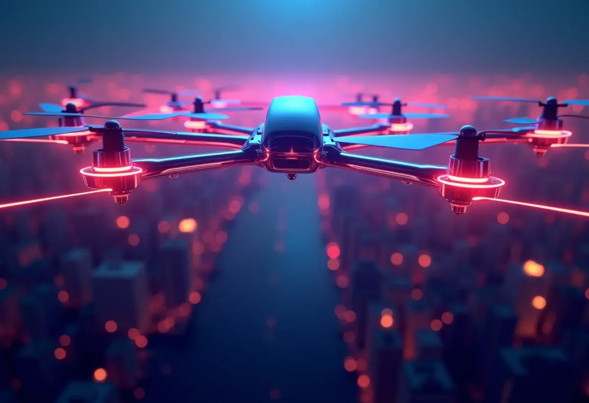 Rede de drones de entrega interconectados sobrevoando uma cidade, representando a logística de e-commerce.