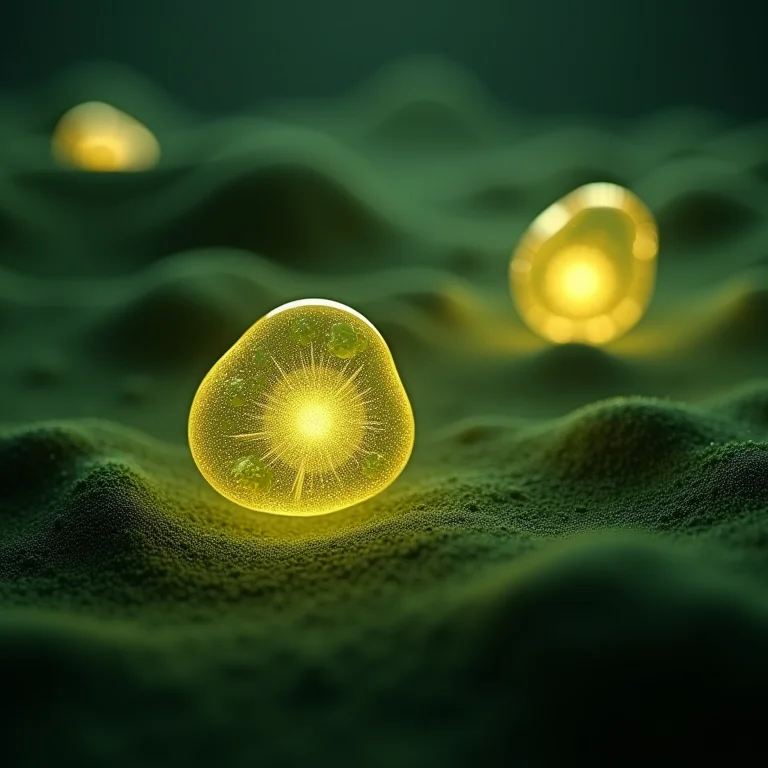Renderização 3D abstrata de fertilizantes brilhantes e células vegetais sob um microscópio.