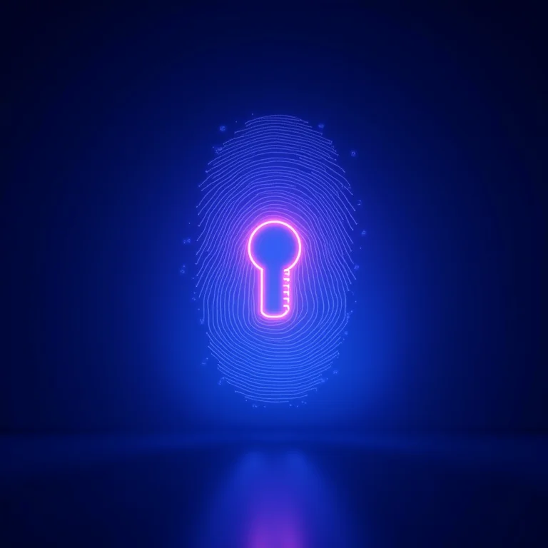 Representação abstrata de uma impressão digital se transformando em uma chave, simbolizando identidade digital soberana.