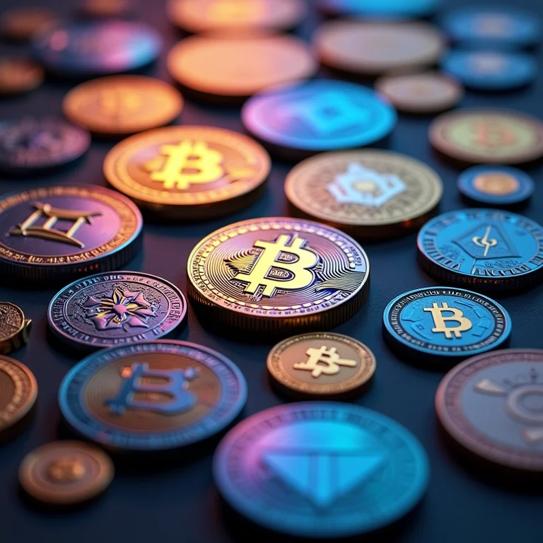Representação visual de diversas criptomoedas e tokens digitais da Web3.