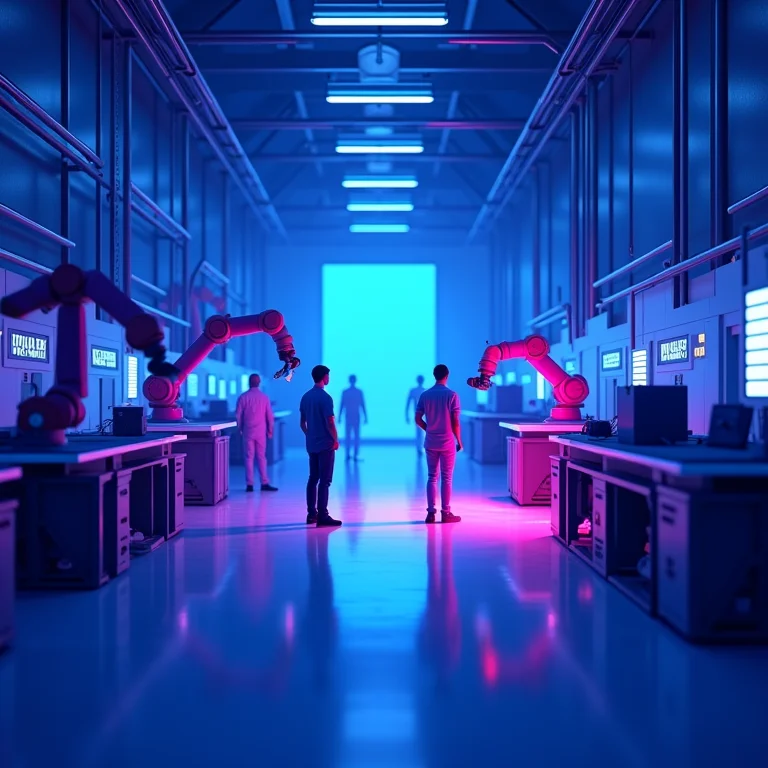 Robôs e humanos trabalhando juntos em fábrica automatizada, representando investimento em tecnologia