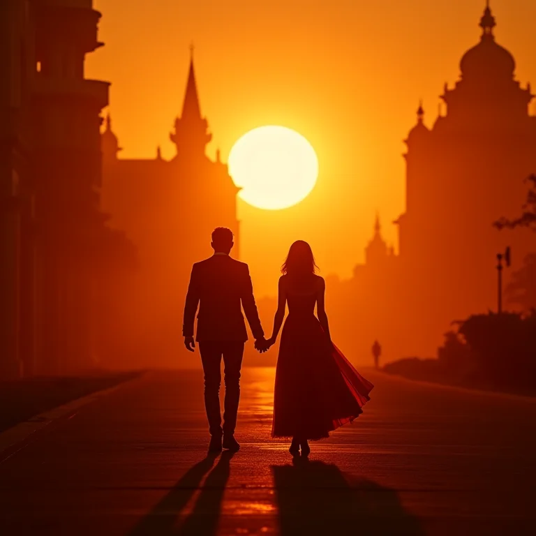 Silhueta de casal se afastando de palácio ao pôr do sol