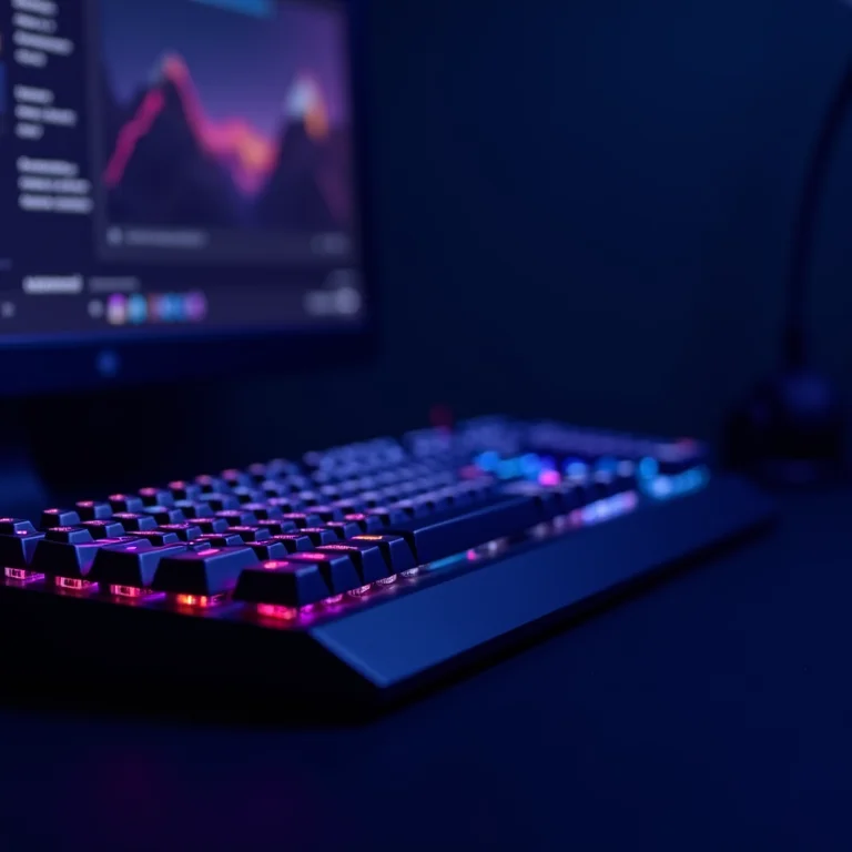 Teclado estilizado com teclas brilhantes representando ferramentas de otimização de conteúdo com IA.
