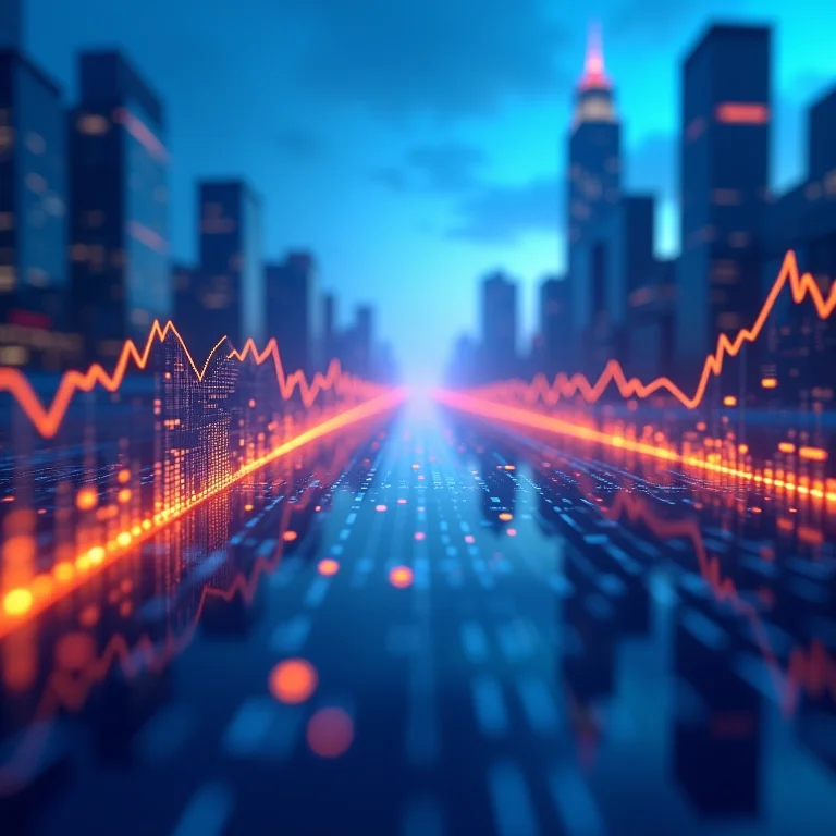 Ticker tape digital fluindo por uma cidade, representando o mercado secundário