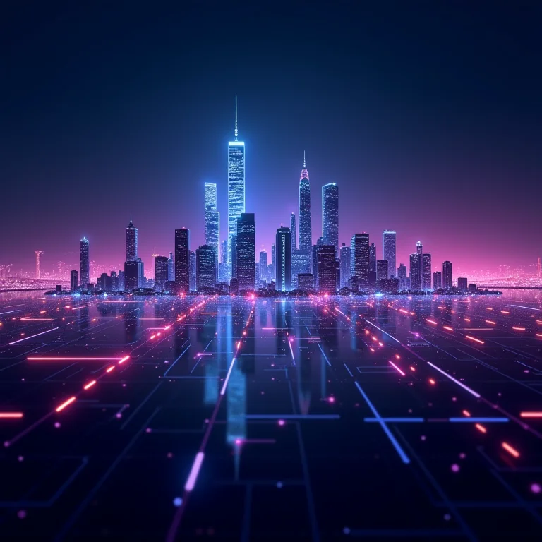 Visualização futurista de uma cidade com redes de IA, representando o futuro do marketing com inteligência artificial.
