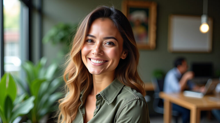 Mulher elegante sorrindo usando camisa social em escritório vibrante.