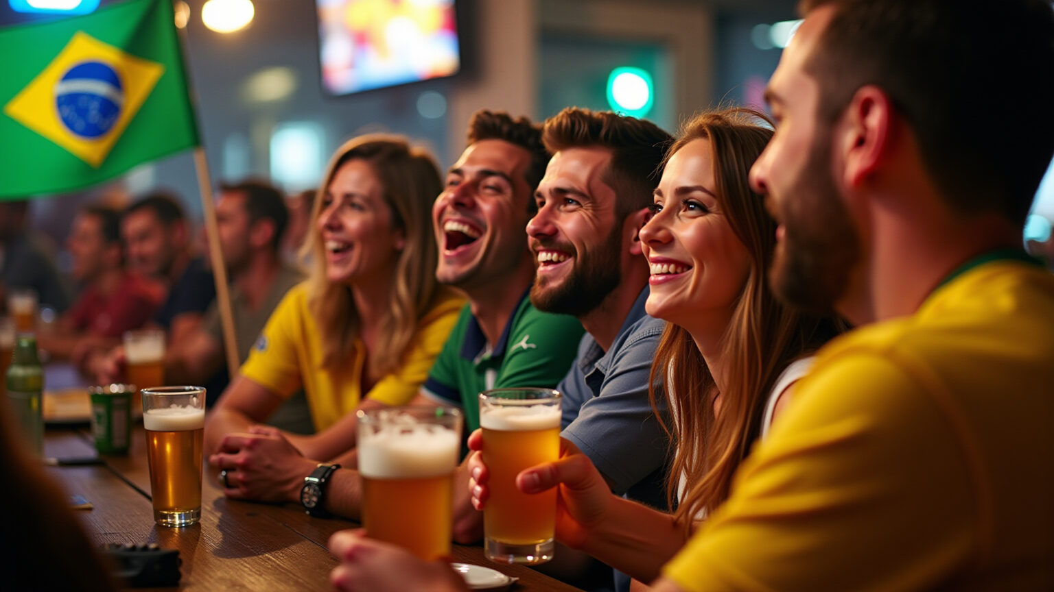 Fãs brasileiros vibrando em bar durante jogo da Premier League.