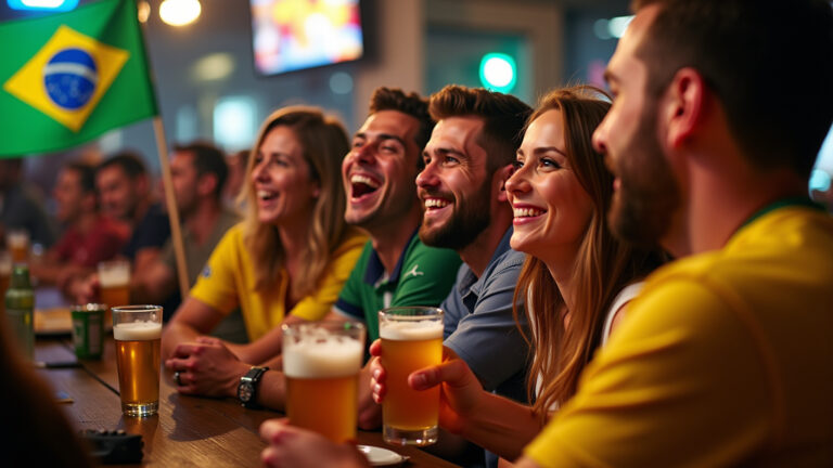 Fãs brasileiros vibrando em bar durante jogo da Premier League.