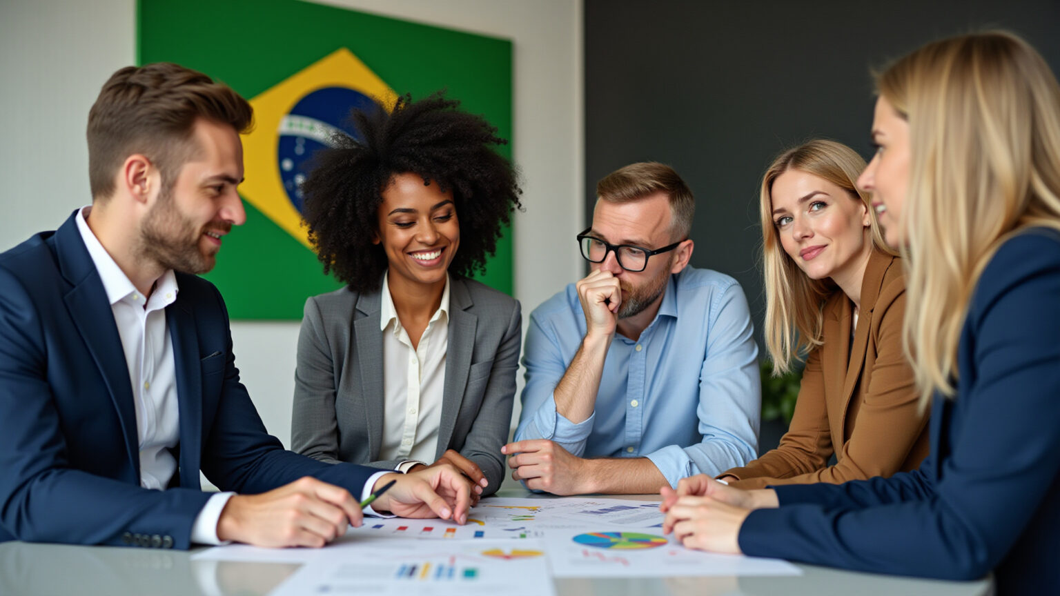 Grupo de profissionais analisando dados em ambiente de trabalho.