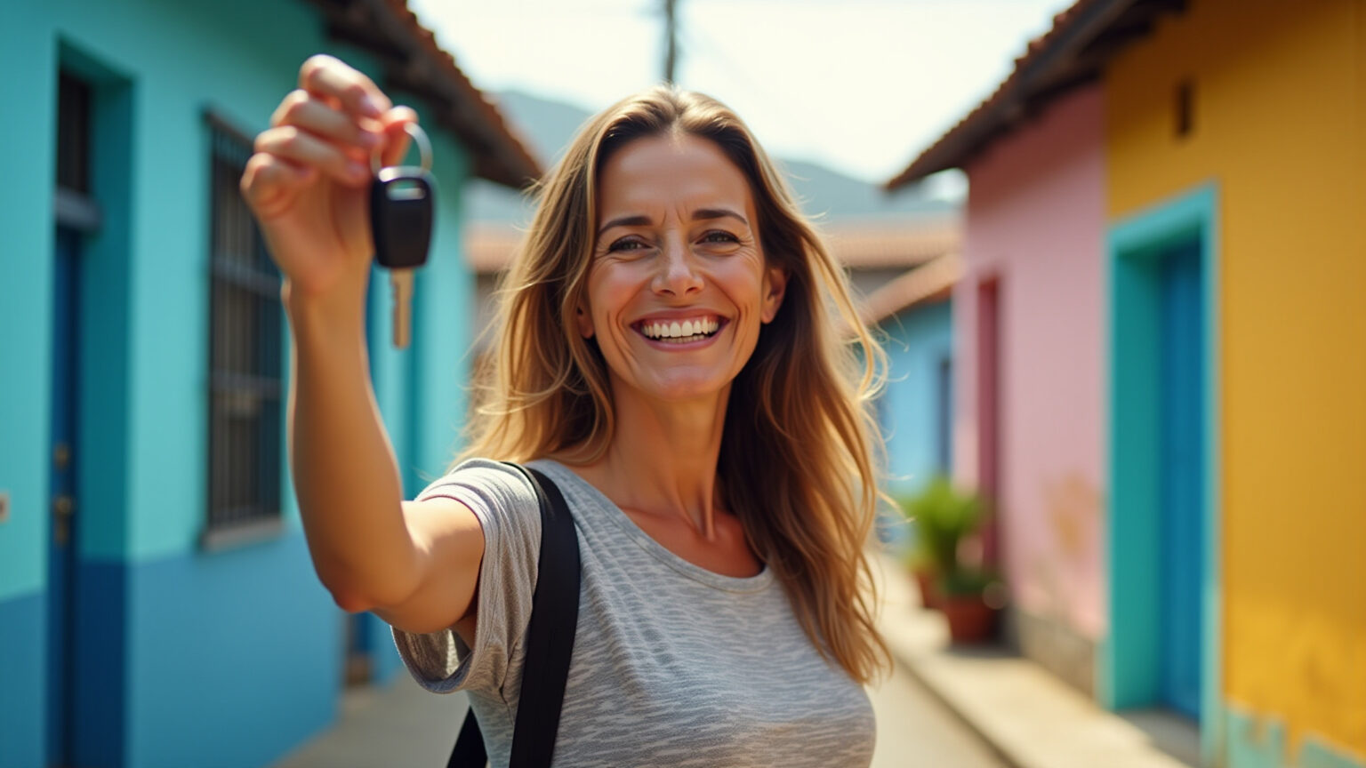 Mulher sorrindo com chaves do carro, representando segurança financeira e conhecimento sobre DPVAT.