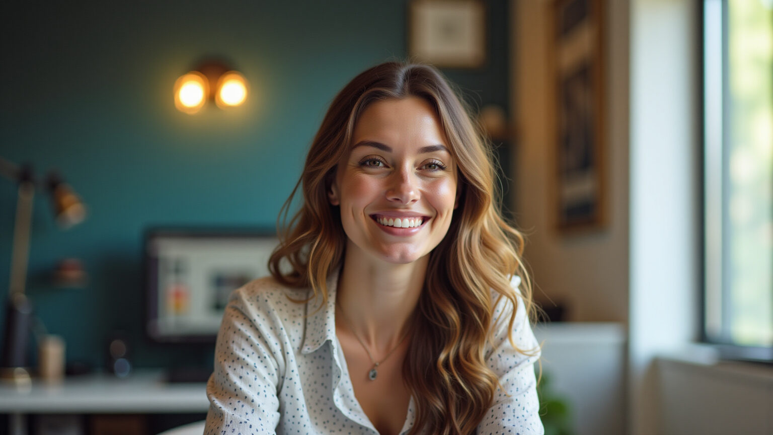 Digital PR: A Arte de Conquistar Menções de Peso e Fortalecer sua Marca Mulher de negócios sorrindo, conectada com jornalistas e influenciadores online.