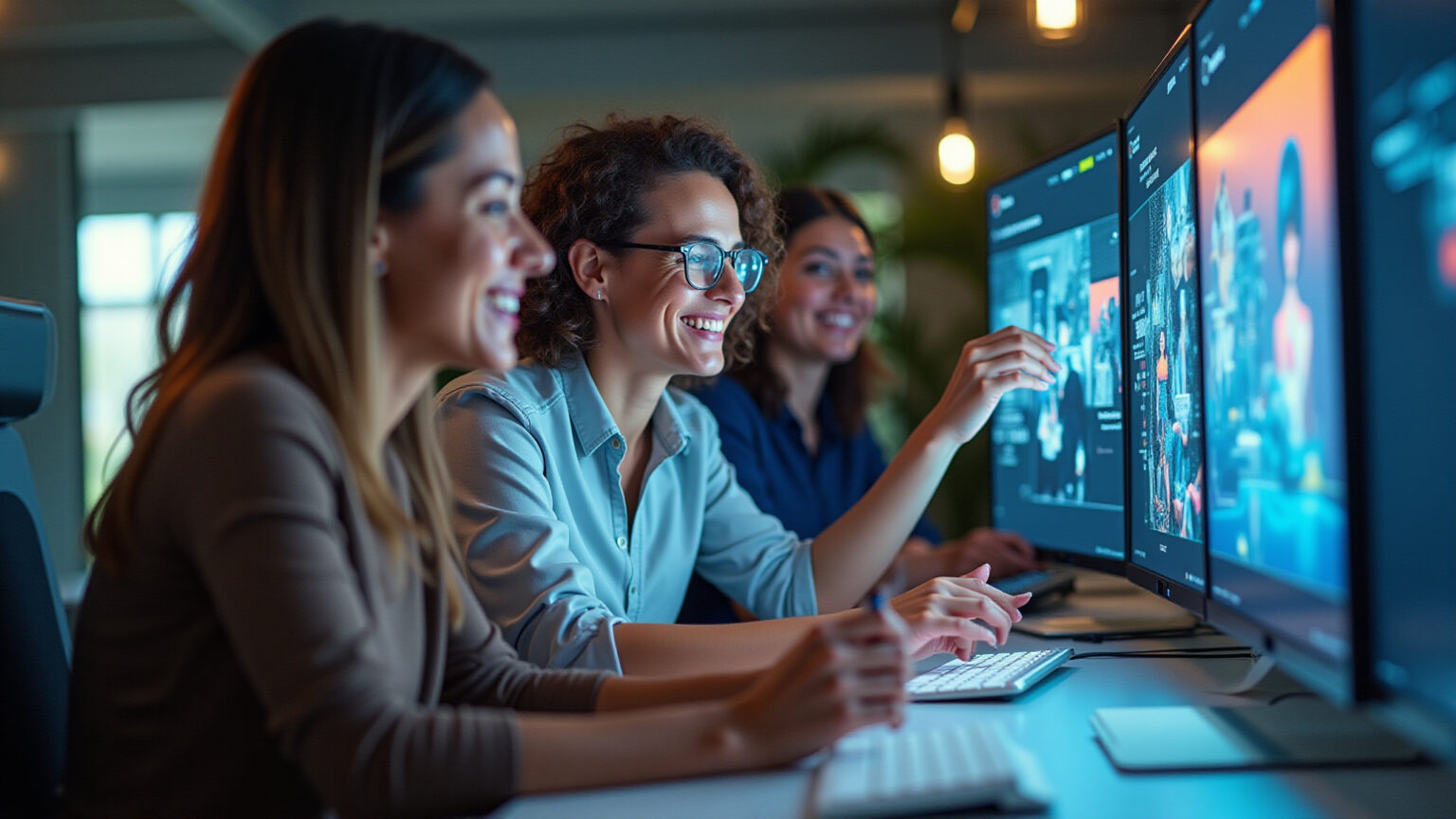Profissionais brasileiros sorrindo, criando sites modernos e personalizados com tecnologia de ponta para o sucesso online.