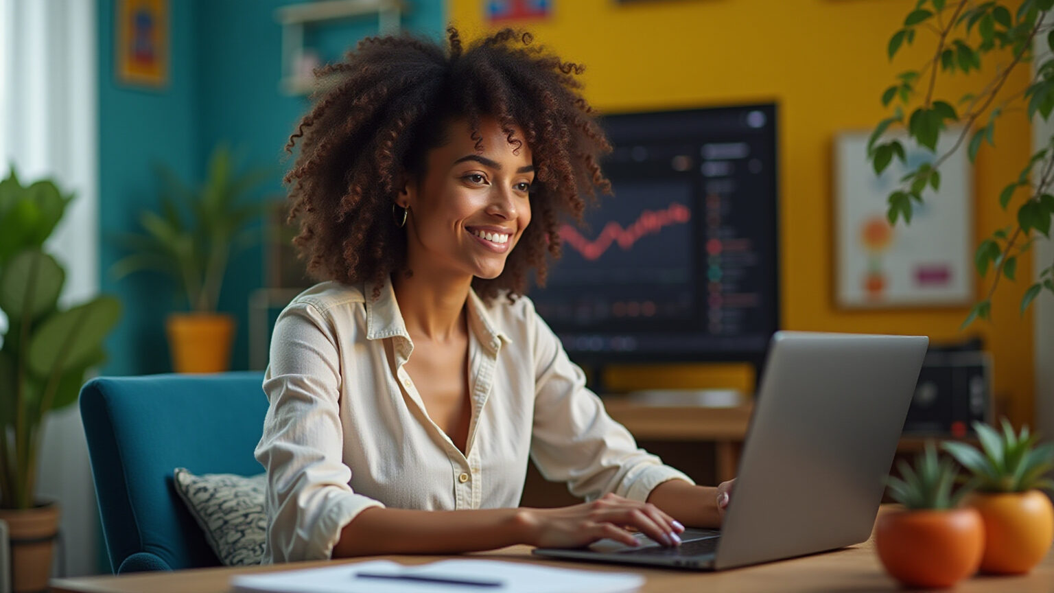 Criadora de conteúdo brasileira monitorando avisos e strikes no YouTube Studio em seu home office vibrante.