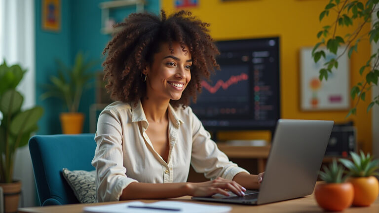 Como Rastrear Strikes e Avisos no Seu Canal YouTube Criadora de conteúdo brasileira monitorando avisos e strikes no YouTube Studio em seu home office vibrante.
