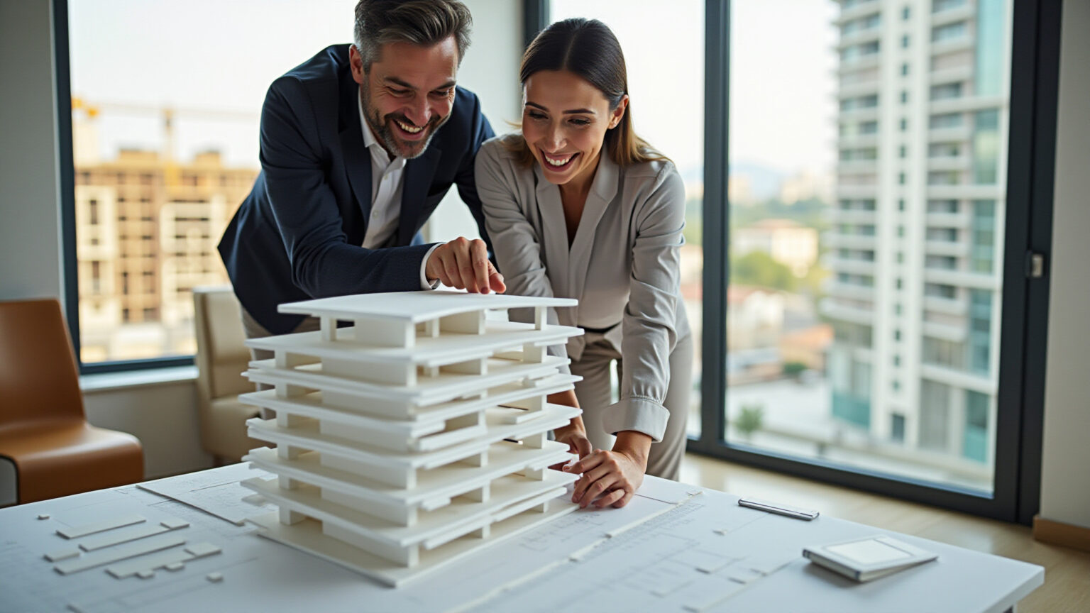 Imóvel na planta segue como escolha de muitos compradores; veja 5 motivos que explicam Casal brasileiro sorrindo em um escritório de vendas, olhando maquete de imóvel na planta com construção ao fundo.