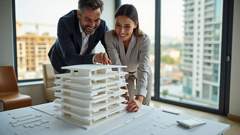 Imóvel na planta segue como escolha de muitos compradores; veja 5 motivos que explicam Casal brasileiro sorrindo em um escritório de vendas, olhando maquete de imóvel na planta com construção ao fundo.