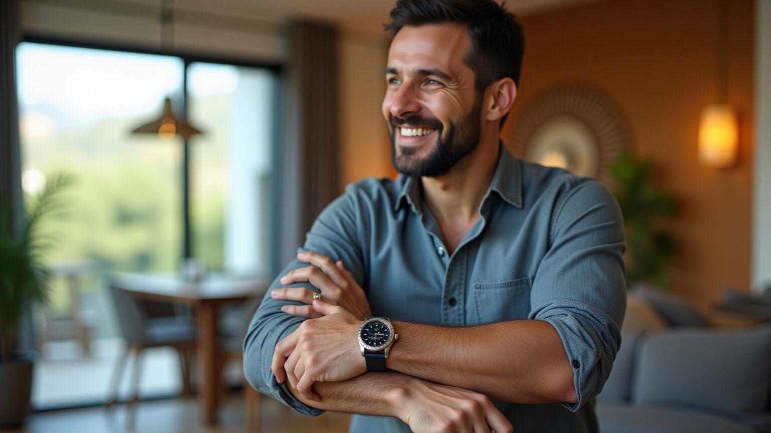 Dicas para encontrar relógio masculino bom e barato sem abrir mão da qualidade Homem brasileiro sorrindo, usando relógio masculino elegante e acessível em ambiente moderno.