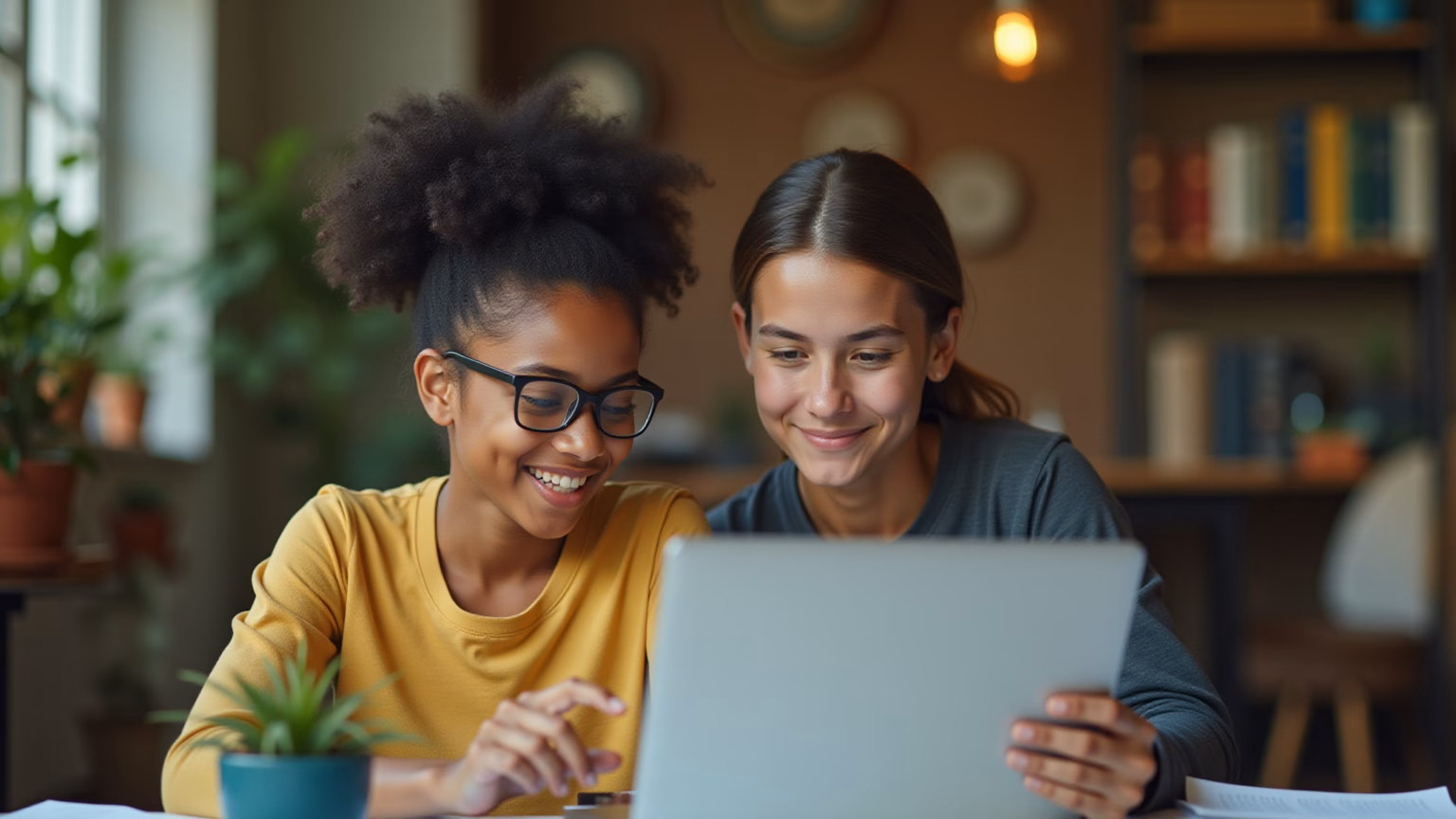 Jovem brasileiro(a) concentrado(a) consultando gabarito de concurso público no laptop em um ambiente de estudo acolhedor.
