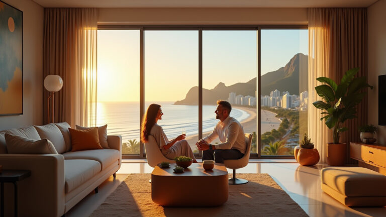 Apartamento no Leblon para Alugar em 2026: Preços, Dicas e Mercado Apartamento de luxo no Leblon com vista para a praia e casal sorrindo.