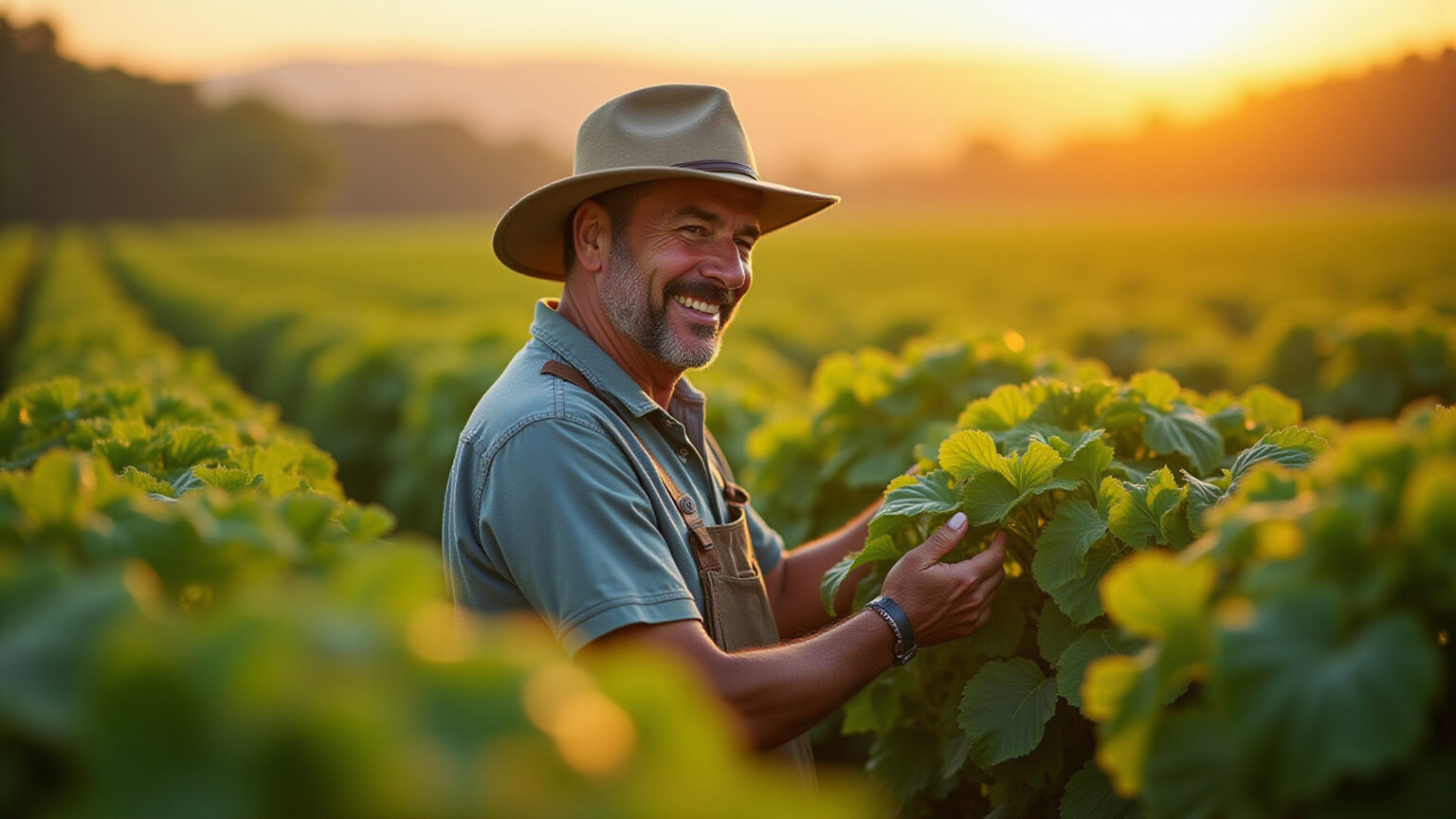 Para que serve o fungicida Infinito? Guia completo de uso, benefícios e aplicações Produtor rural brasileiro feliz em lavoura de batata saudável, protegida por fungicida Infinito.
