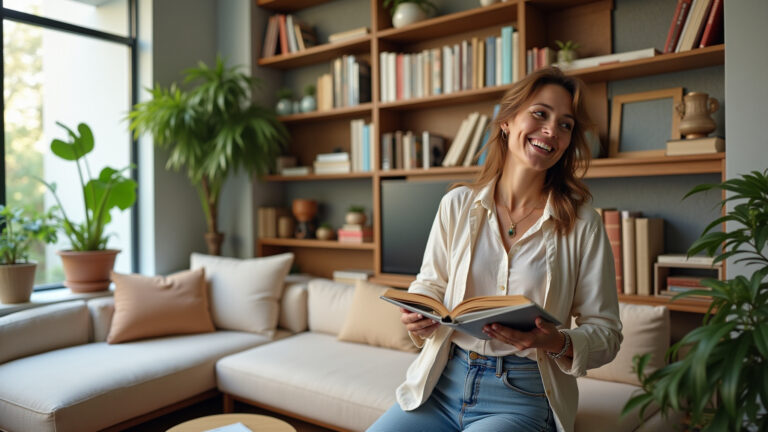 Estante para Livros: Guia Completo para Organizar sua Biblioteca com Estilo em 2026 Mulher brasileira organizando livros em estante moderna com decoração vibrante.