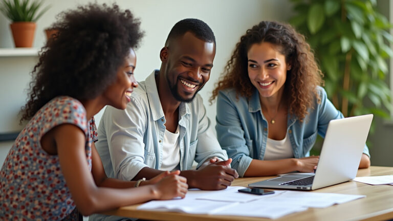 Emissor de nota fiscal MEI gratuito: o jeito certo para cada caso Empreendedores MEI brasileiros sorrindo e colaborando em um ambiente de trabalho moderno.